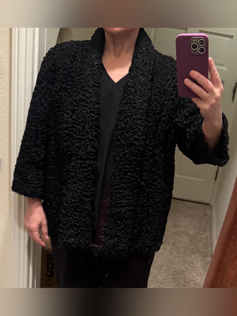 Vintage Black Curly Faux Fur Coat - Picture 7 of 9